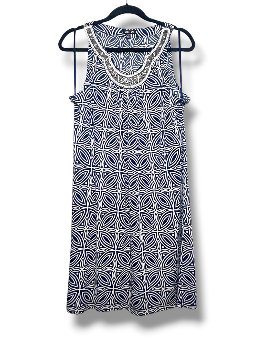 Apt. 9 Blue & White Pattern Dress Beaded Neck Sleeveless A-Line Shift Dress PL